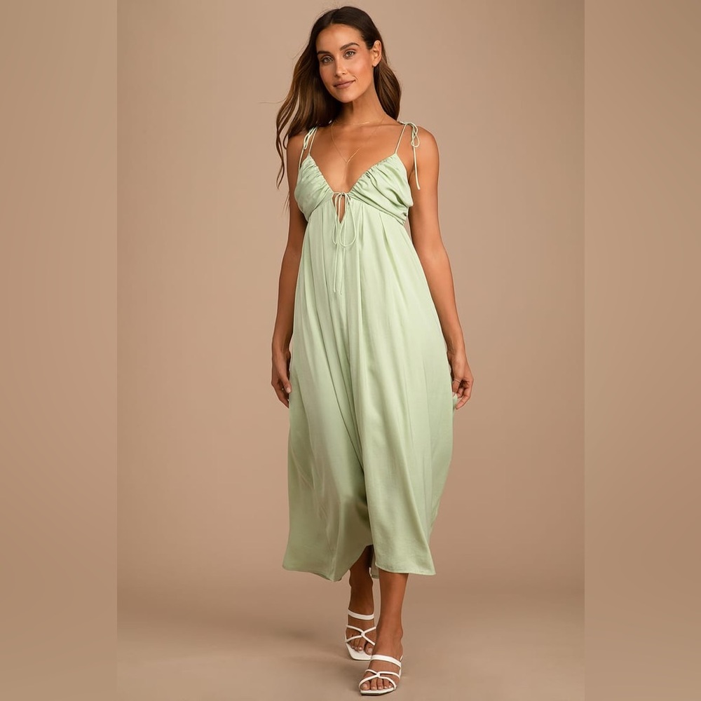 Lulu’s Confidence Check Sage Green Satin Tie-Back Maxi Dress